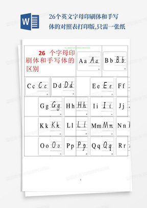 26个英文字母印刷体和手写体的对照表-打印版,只需一张纸